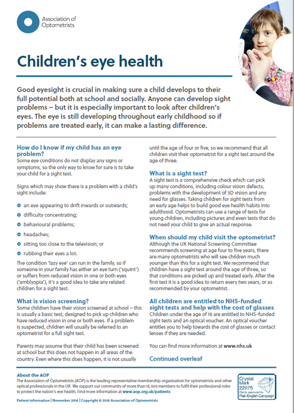 Children's eyesight information leaflet
