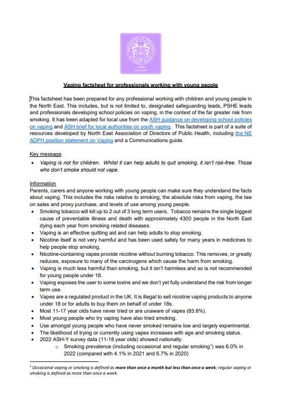 Vaping factsheet for professional working with young people
