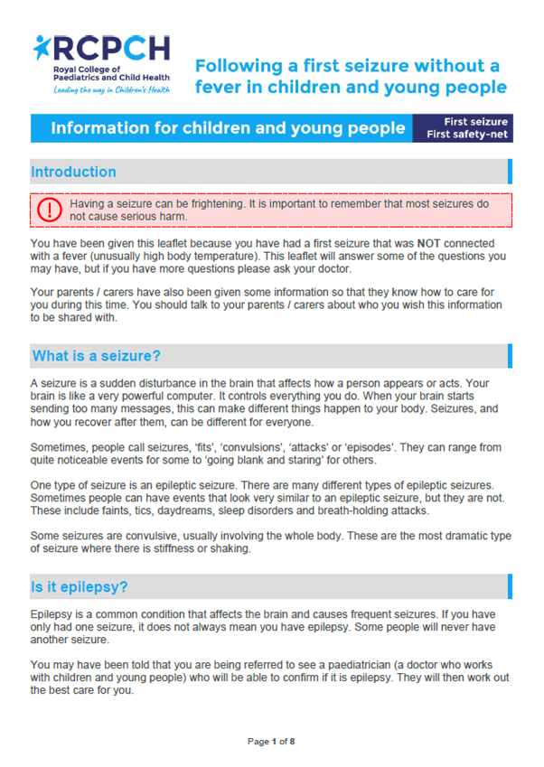 Seizure (without a fever) Children and Young People Info by RCPCH